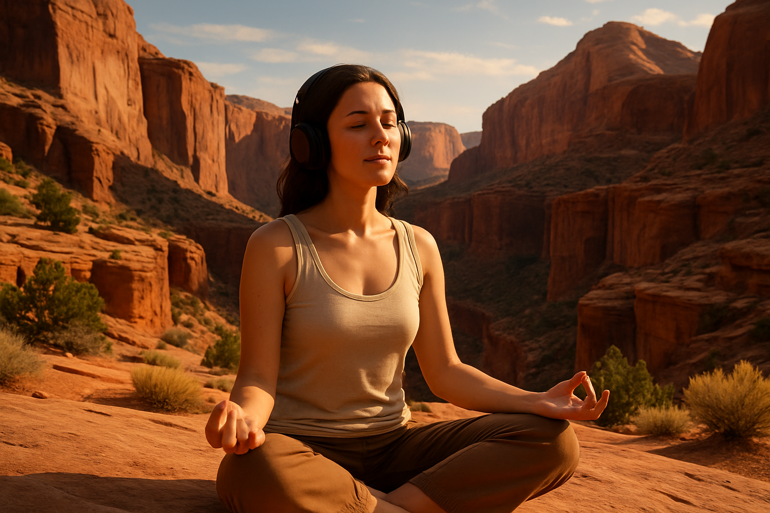 woman listening to music on headphones while meditation in red rock sounthern utah environment
